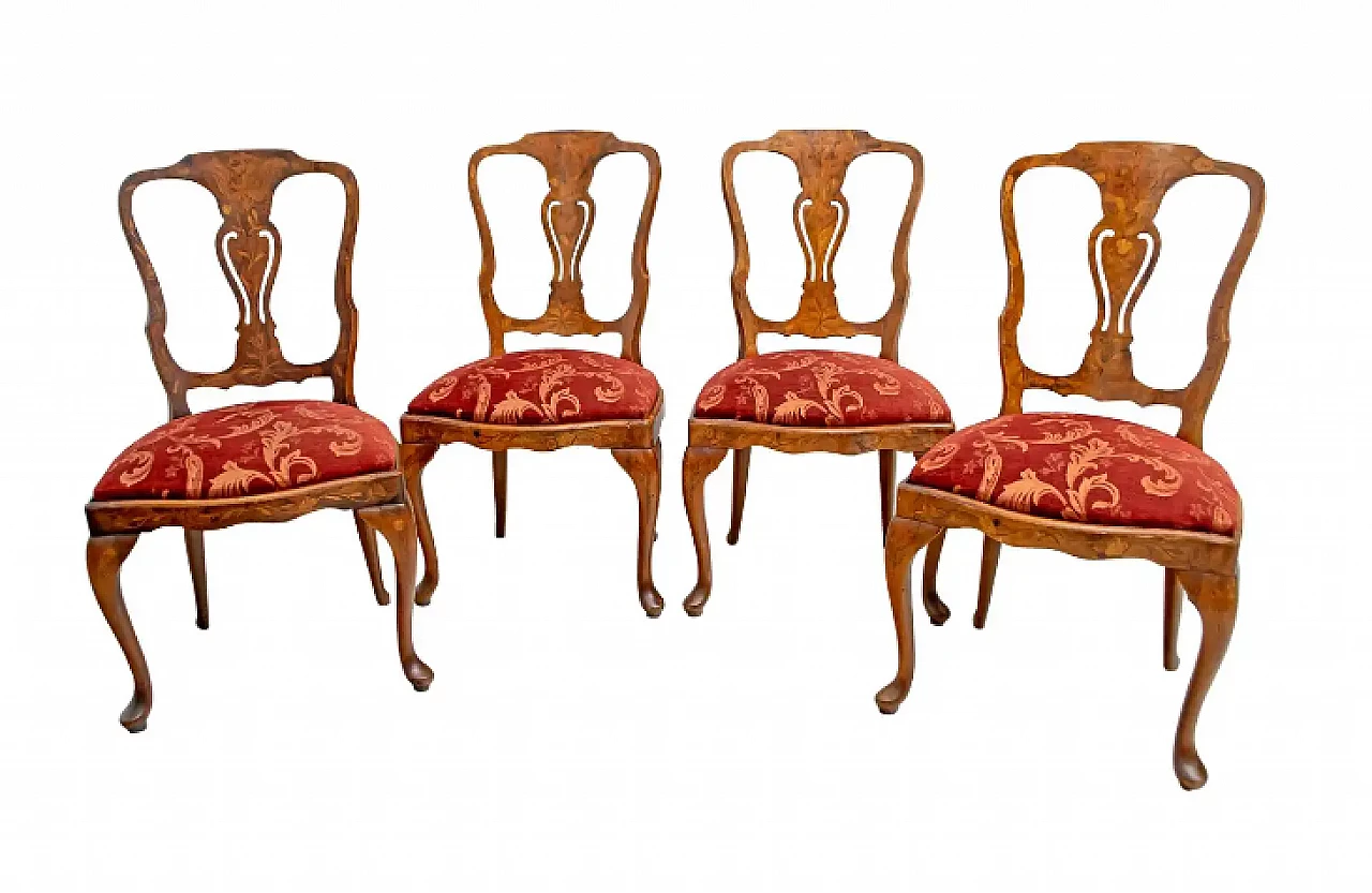 4 Dutch walnut chairs with maple inlays, early 20th century 1