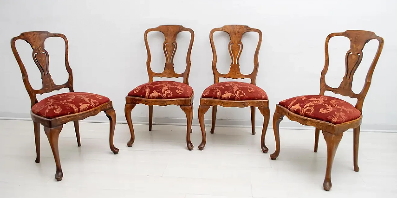 4 Dutch walnut chairs with maple inlays, early 20th century 2