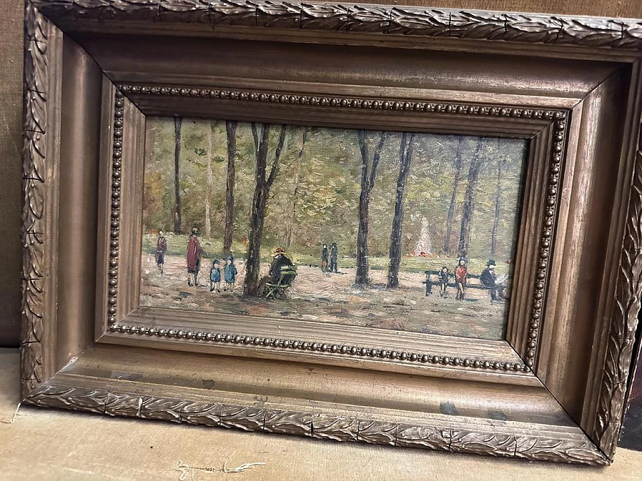 Oil on panel depicting characters in the park, early 20th century 1