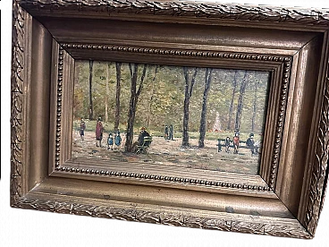 Oil on panel depicting characters in the park, early 20th century