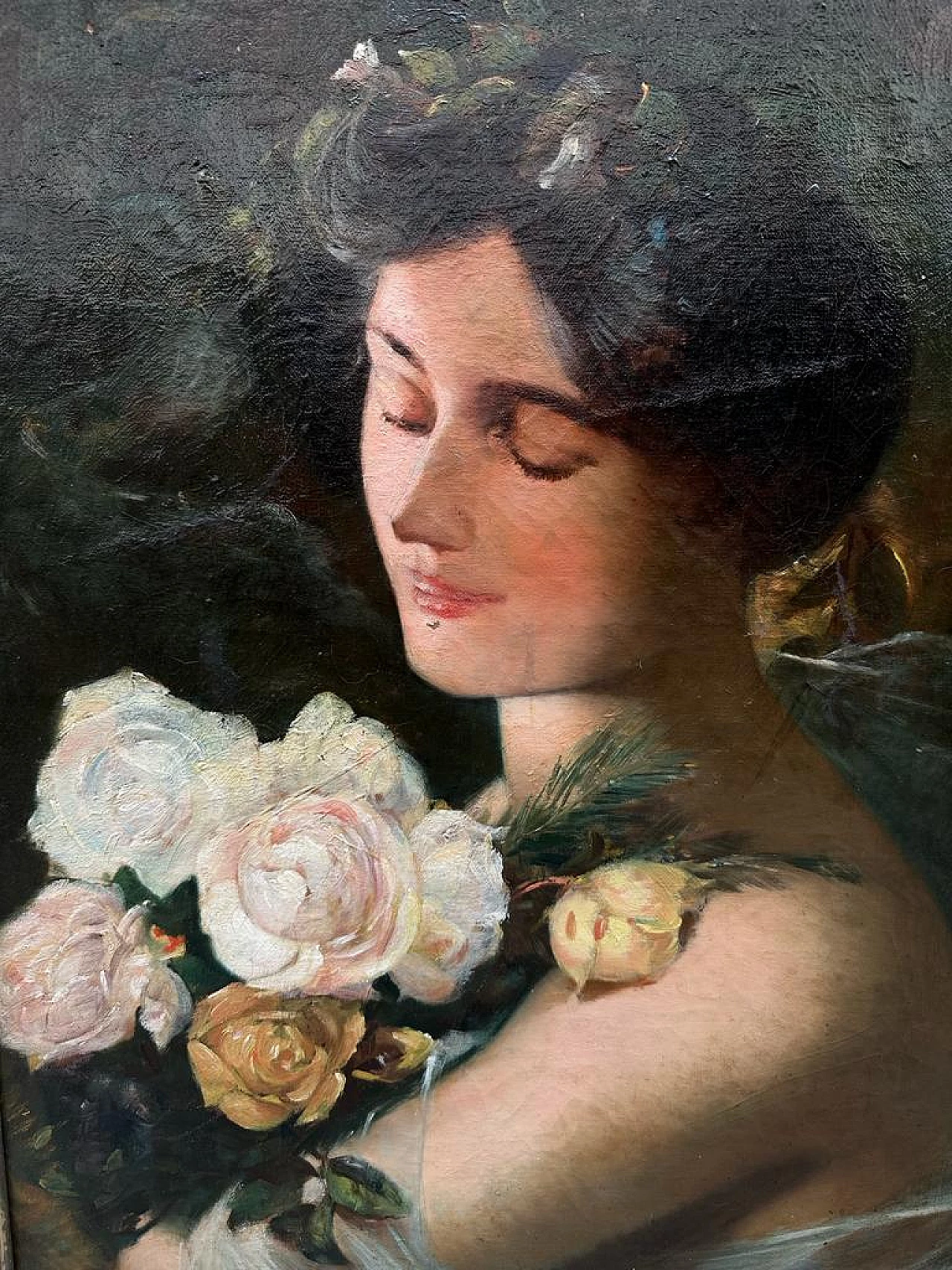 Oil on panel portrait of young woman with roses, early 20th century 1