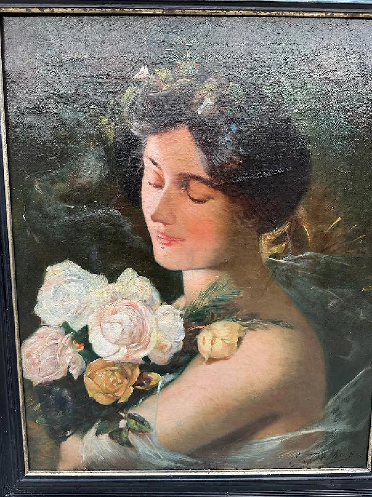 Oil on panel portrait of young woman with roses, early 20th century 2