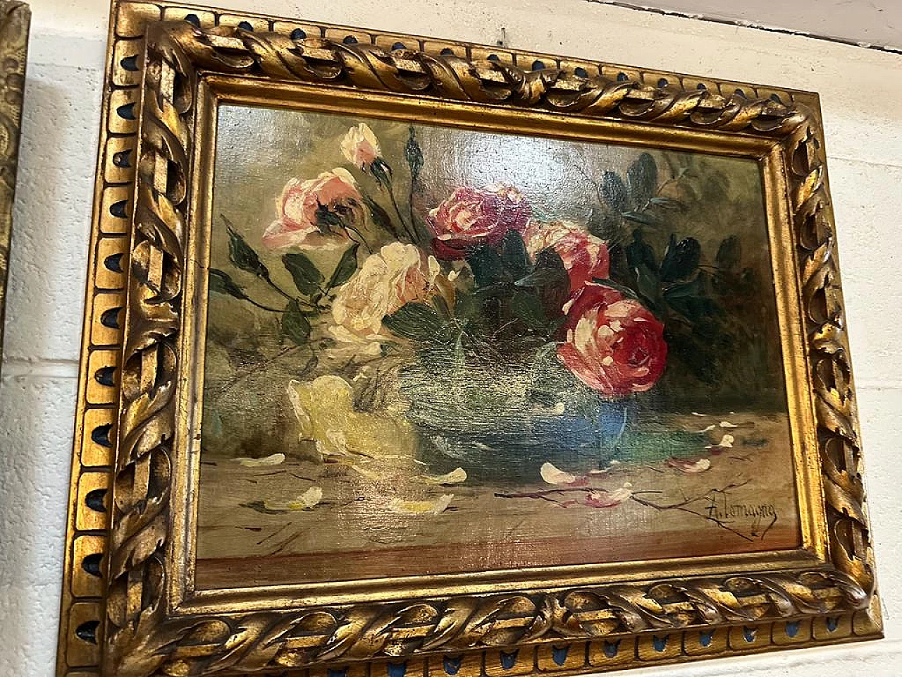 Pair of paintings with roses, oil on panel by A. Lomagno, early 20th century 1