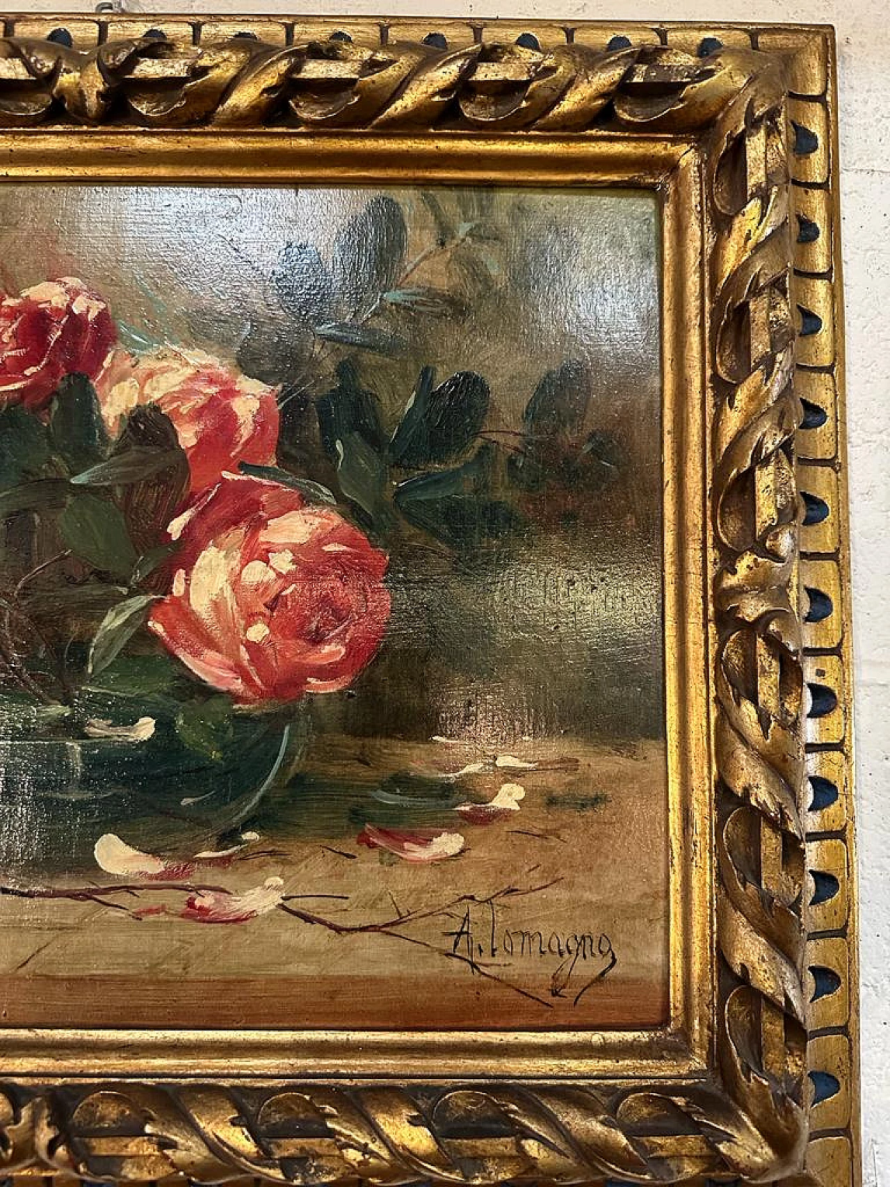 Pair of paintings with roses, oil on panel by A. Lomagno, early 20th century 2