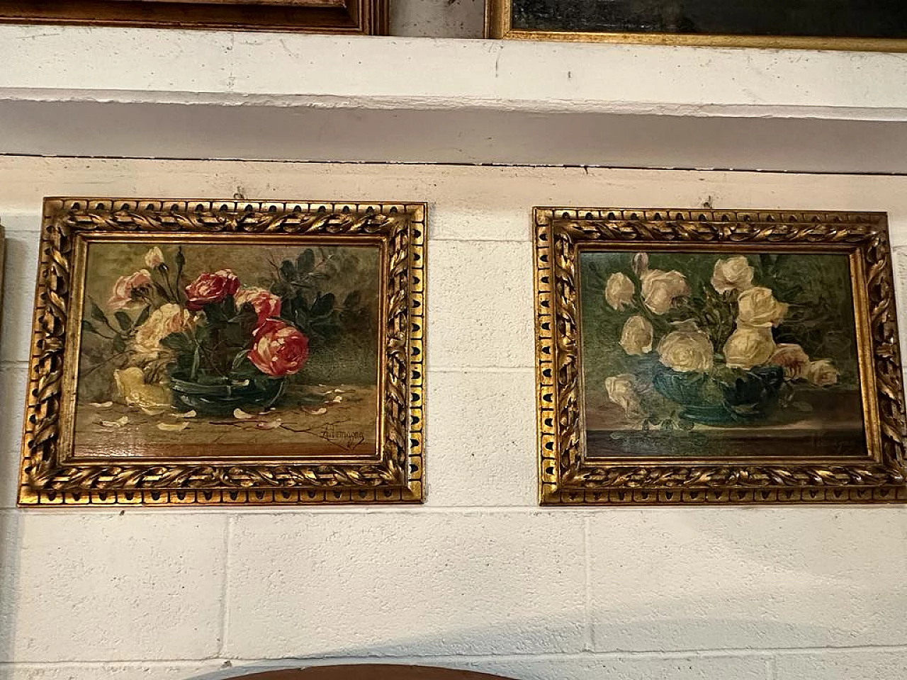 Pair of paintings with roses, oil on panel by A. Lomagno, early 20th century 4