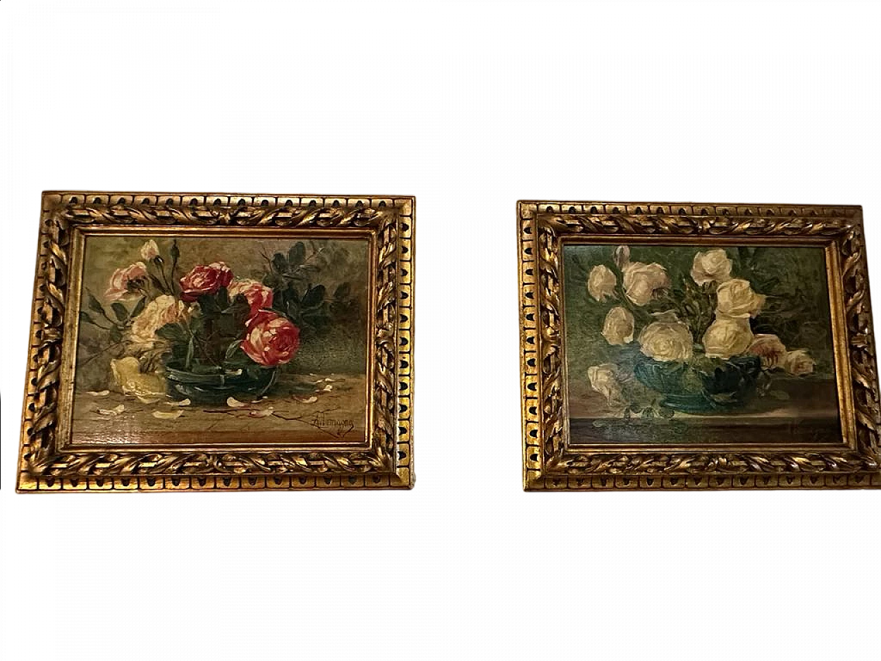 Pair of paintings with roses, oil on panel by A. Lomagno, early 20th century 5