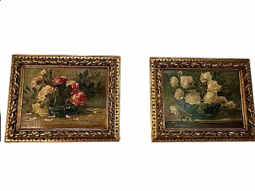 Pair of paintings with roses, oil on panel by A. Lomagno, early 20th century