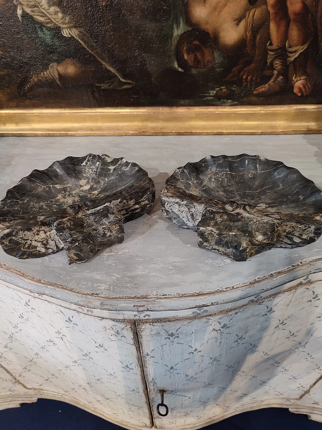 Pair of Portoro black marble stoups, late 19th century 1