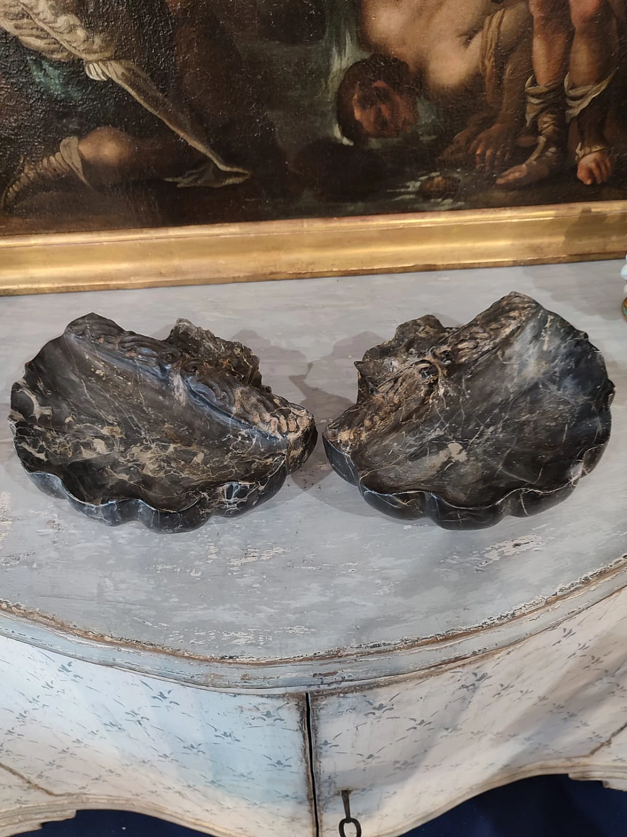 Pair of Portoro black marble stoups, late 19th century 2