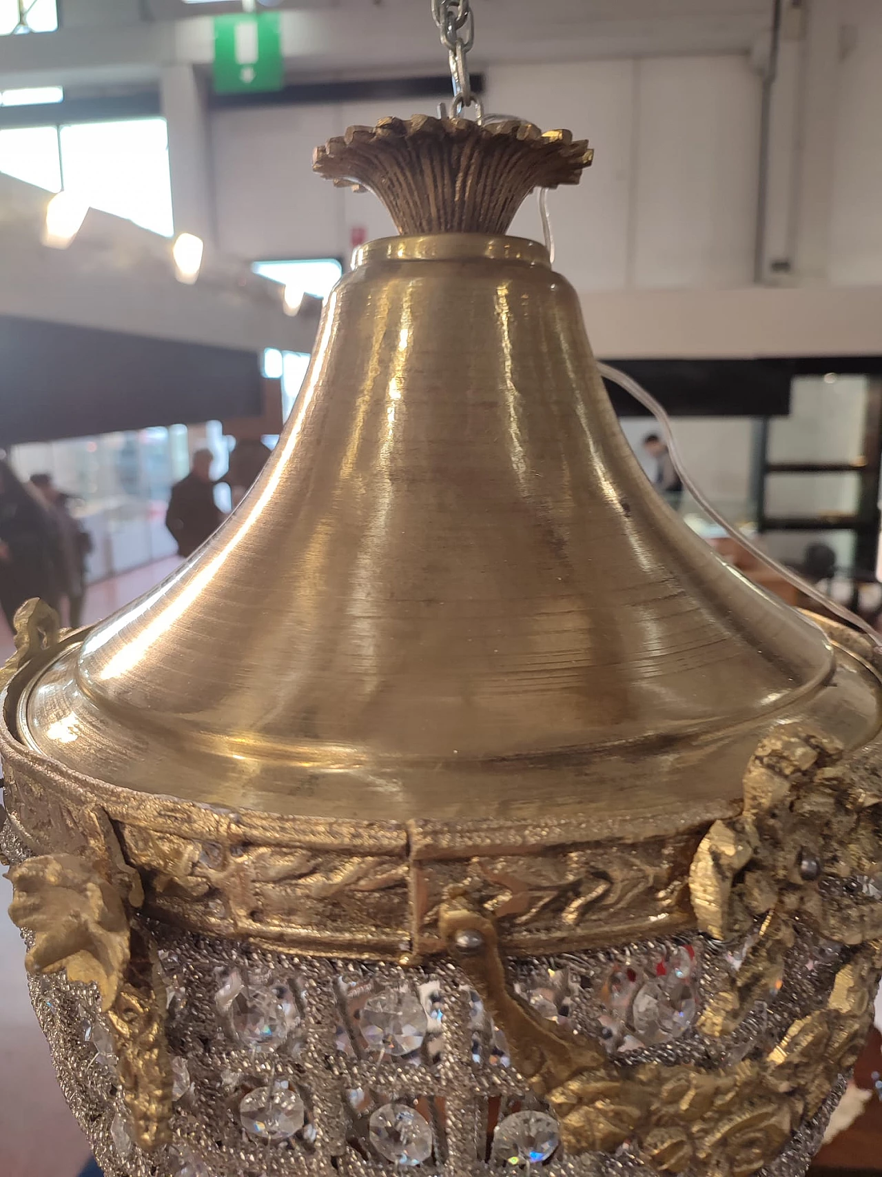 Bronze chandelier with glass prisms in Empire style, 1970s 3