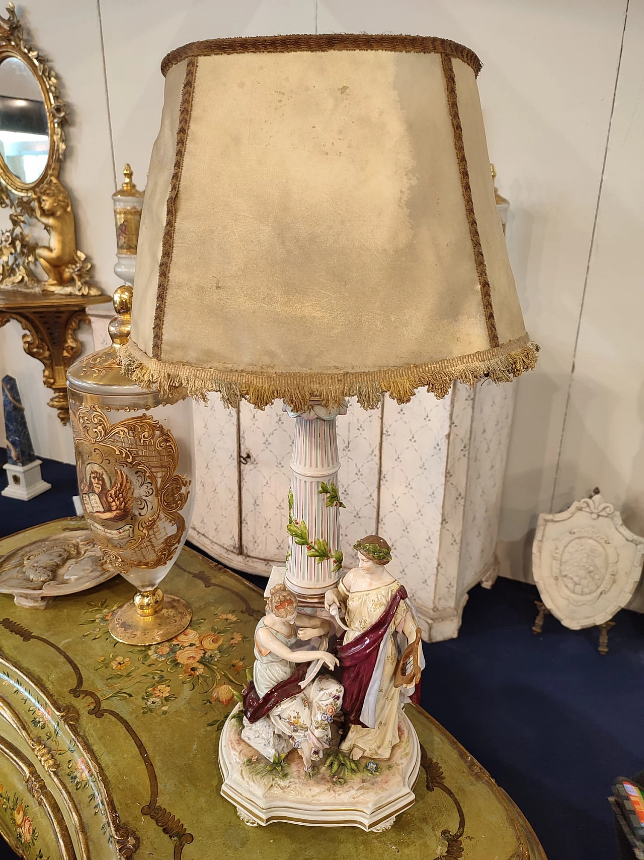 Art Nouveau table lamp with fringed shade, 19th century 1