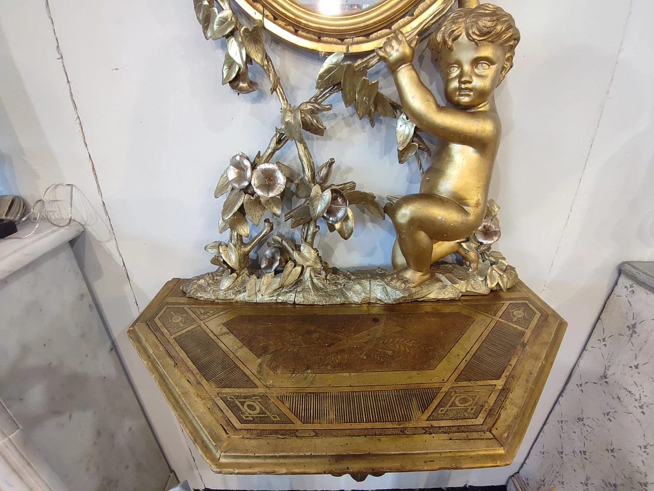 Wooden wall console table with gold leaf mirror, 1881 3