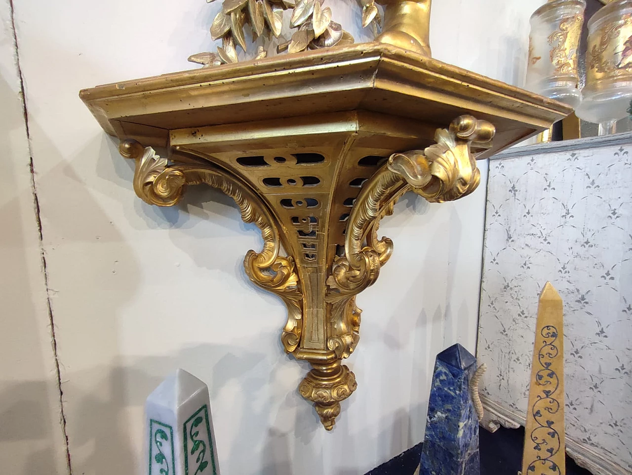 Wooden wall console table with gold leaf mirror, 1881 5