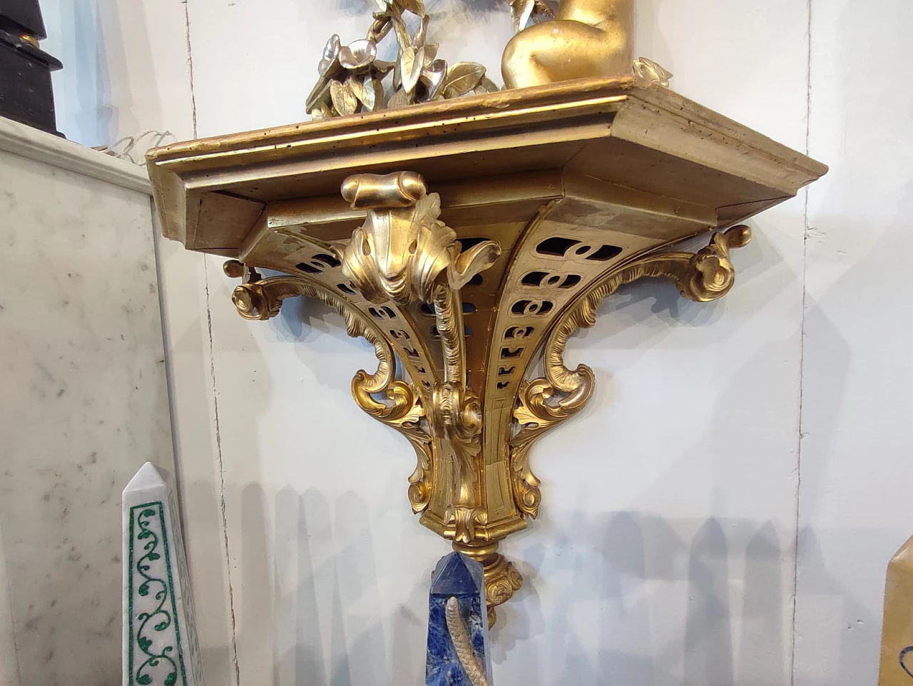 Wooden wall console table with gold leaf mirror, 1881 6