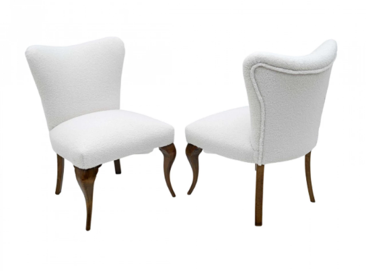 Pair of Chippendale style wood and white bouclé chairs, 1940s 1