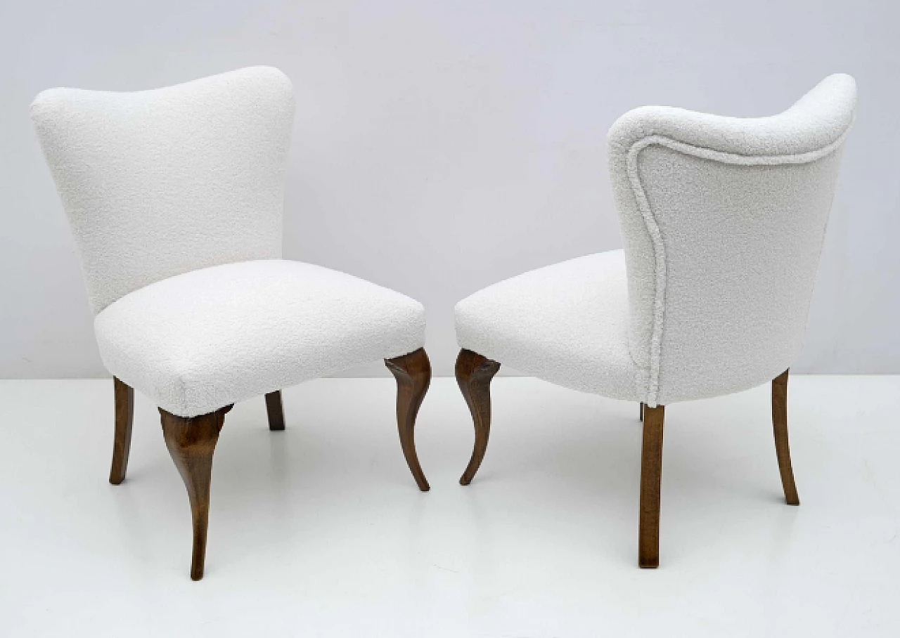 Pair of Chippendale style wood and white bouclé chairs, 1940s 2