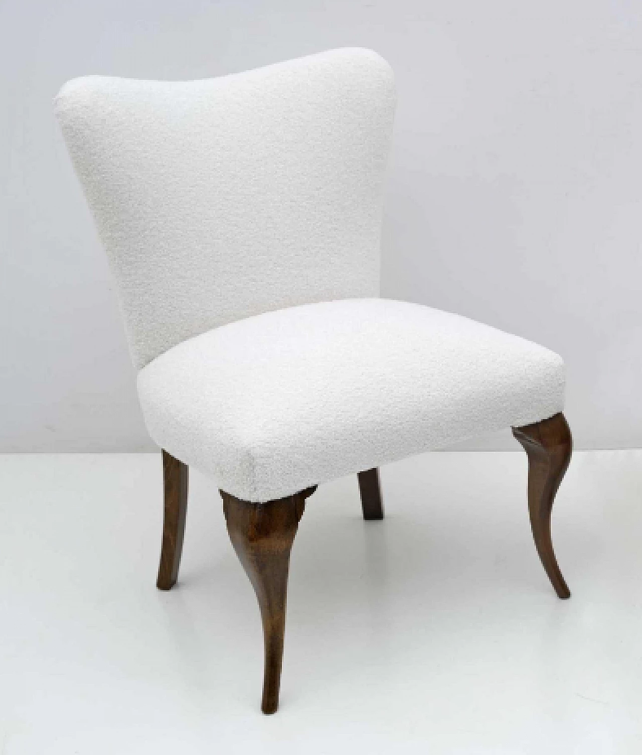 Pair of Chippendale style wood and white bouclé chairs, 1940s 3