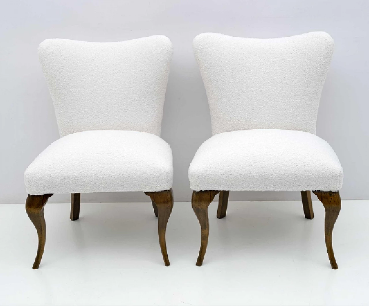 Pair of Chippendale style wood and white bouclé chairs, 1940s 4