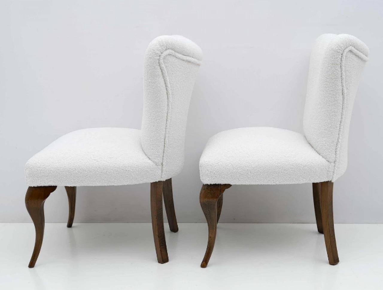 Pair of Chippendale style wood and white bouclé chairs, 1940s 5