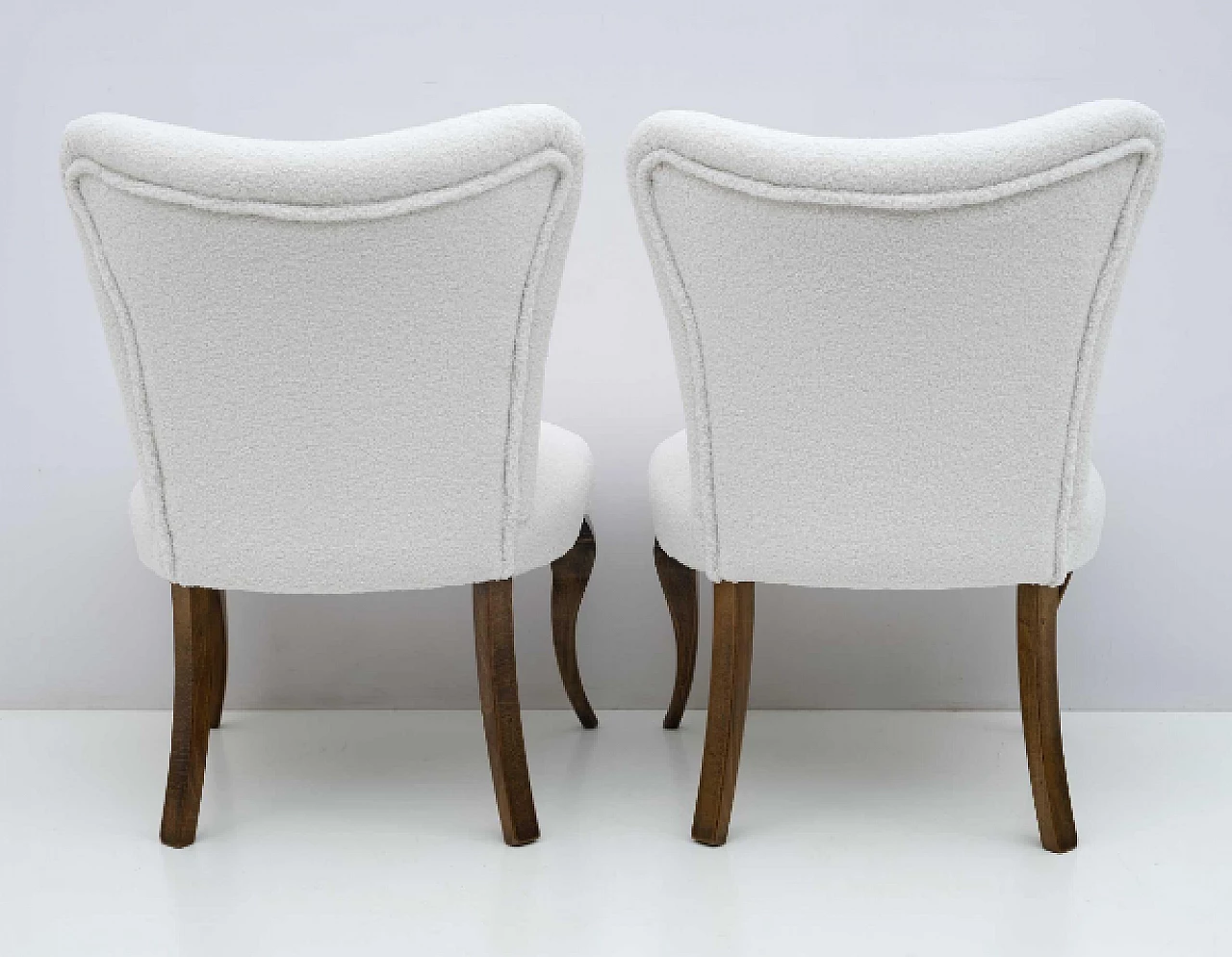 Pair of Chippendale style wood and white bouclé chairs, 1940s 6