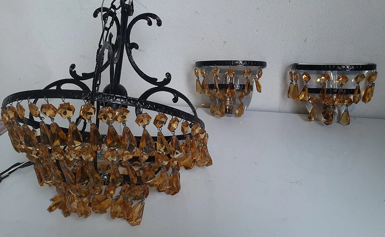 Chandelier and pair of wall lights with amber drops, 1960s 2