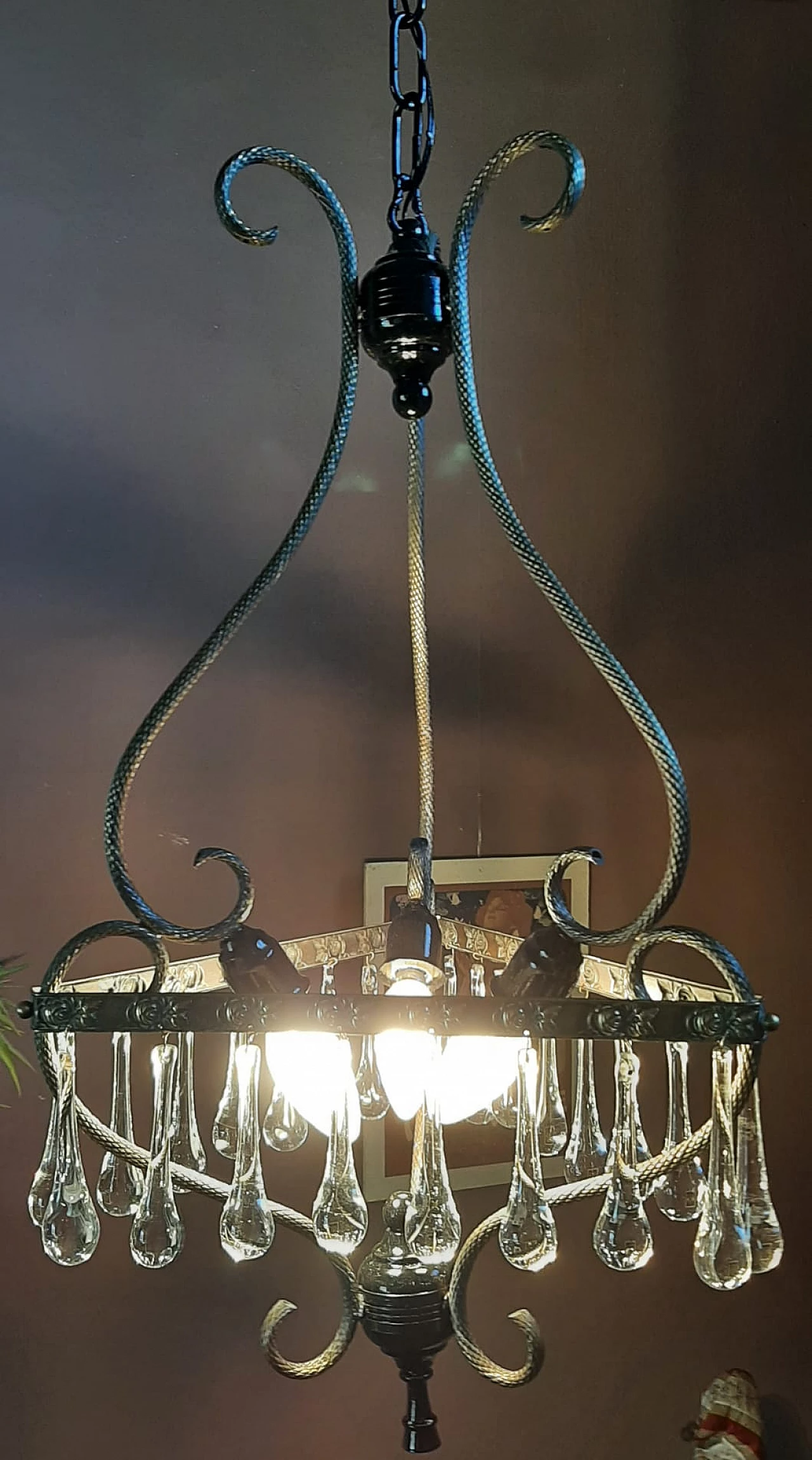 Three-light chandelier with extended drops, 1950s 2