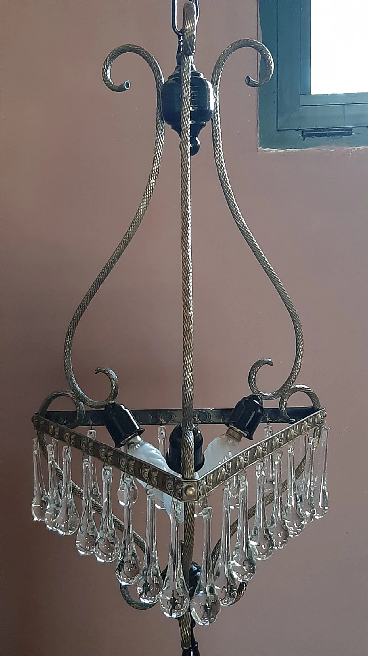 Three-light chandelier with extended drops, 1950s 6