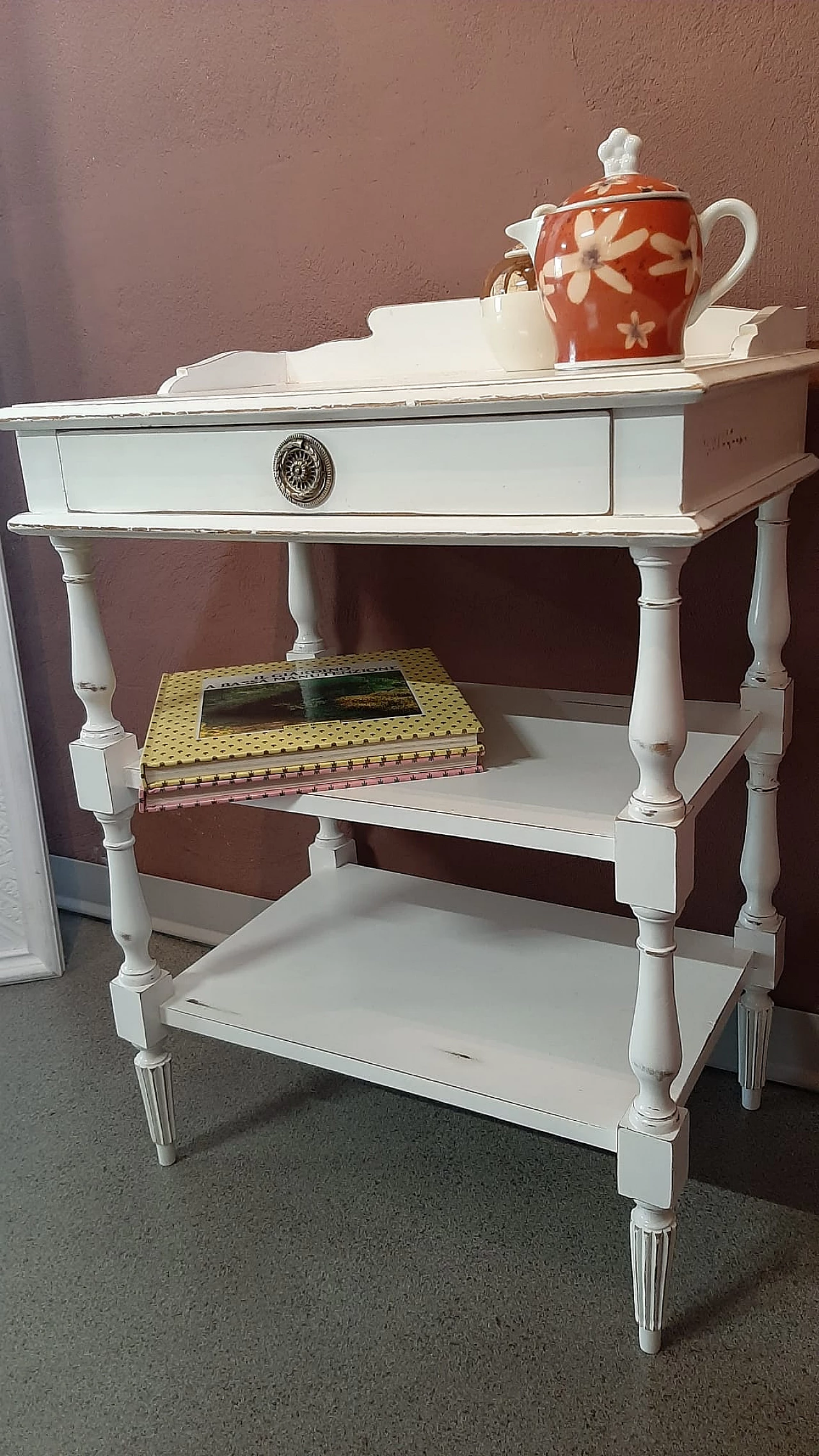 White wood coffee table with three shelves and drawer, 1960s 2