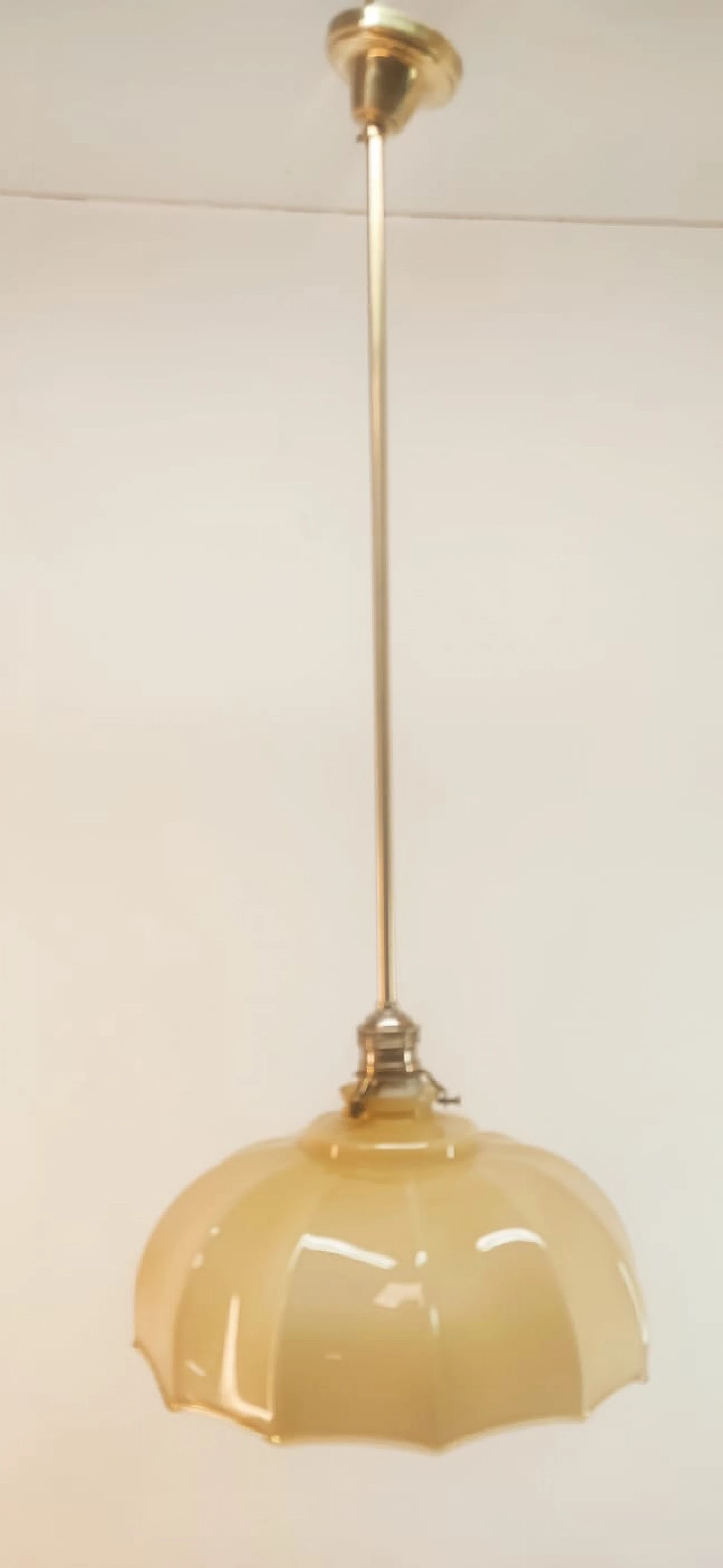 Brass and beige glass hanging lamp, 1950s 4