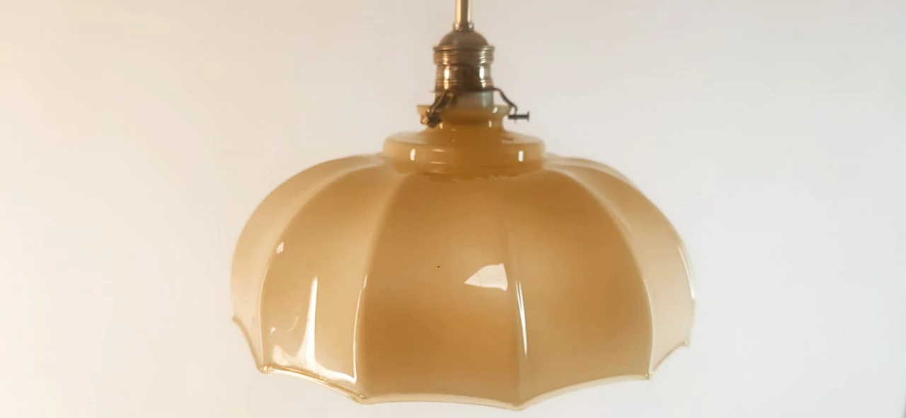 Brass and beige glass hanging lamp, 1950s 5