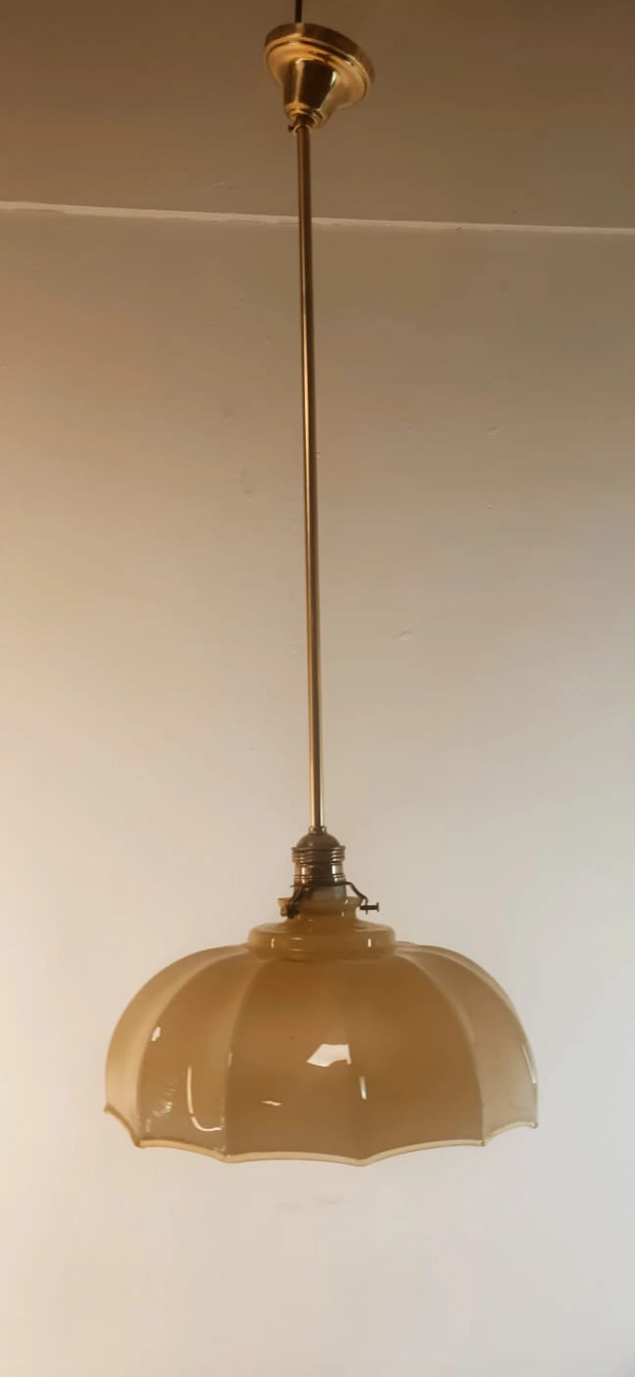 Brass and beige glass hanging lamp, 1950s 6