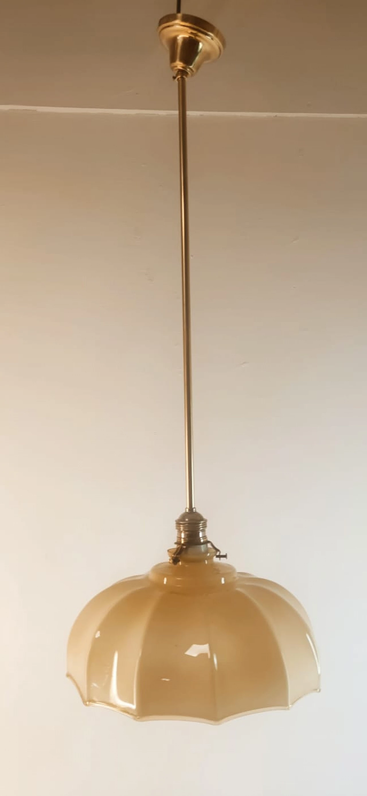 Brass and beige glass hanging lamp, 1950s 7