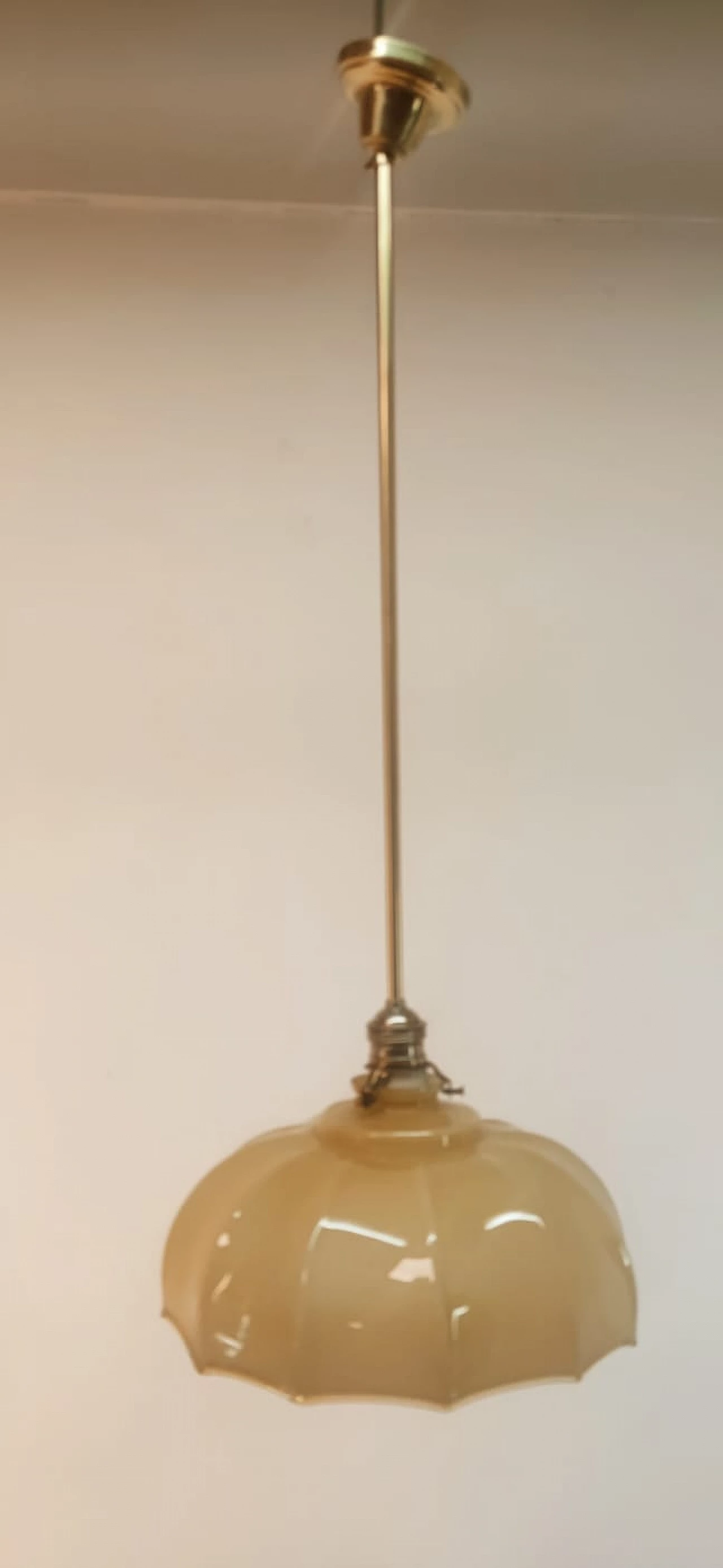 Brass and beige glass hanging lamp, 1950s 10