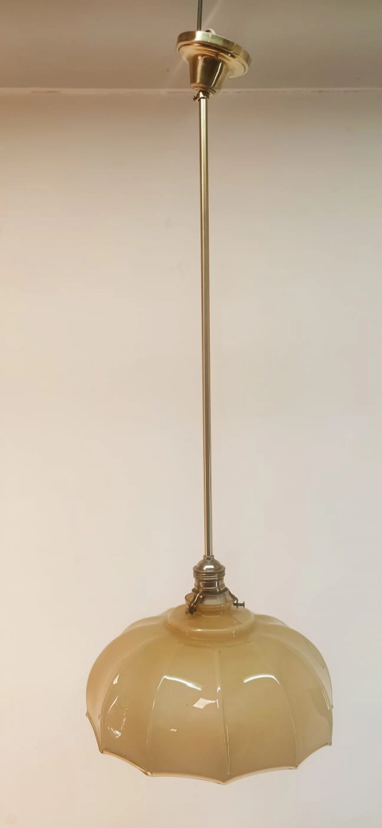 Brass and beige glass hanging lamp, 1950s 13