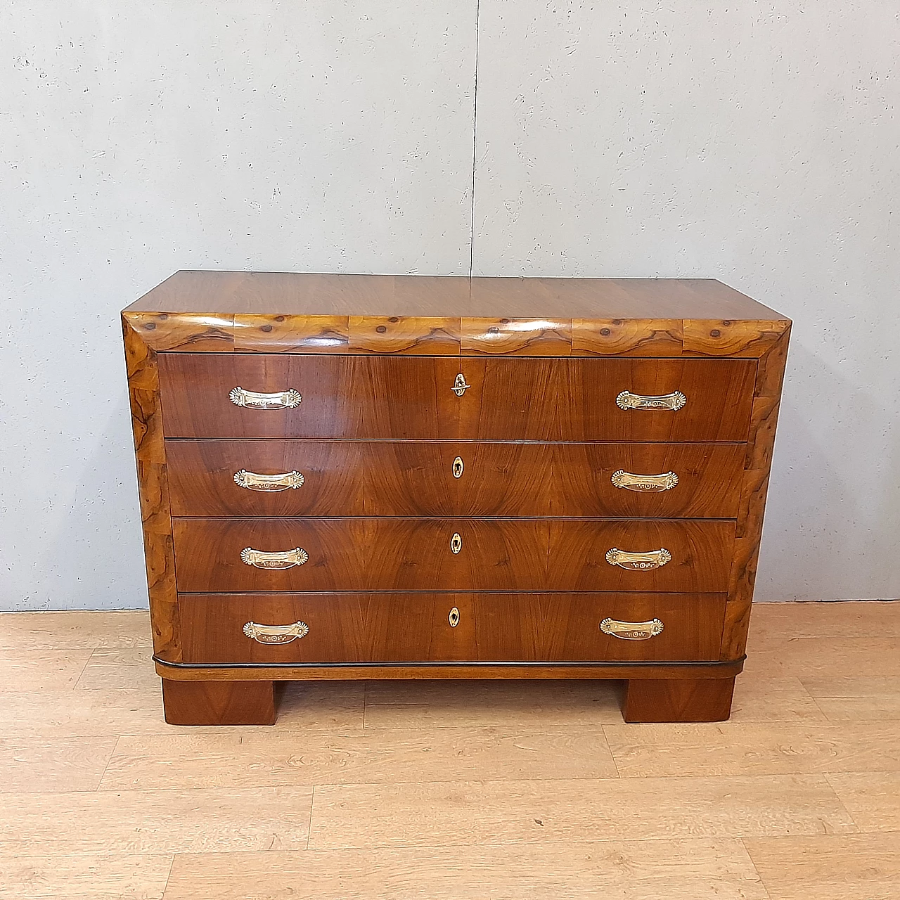 Art Deco walnut dresser with briarwood edges and brass handles, 1930s 1