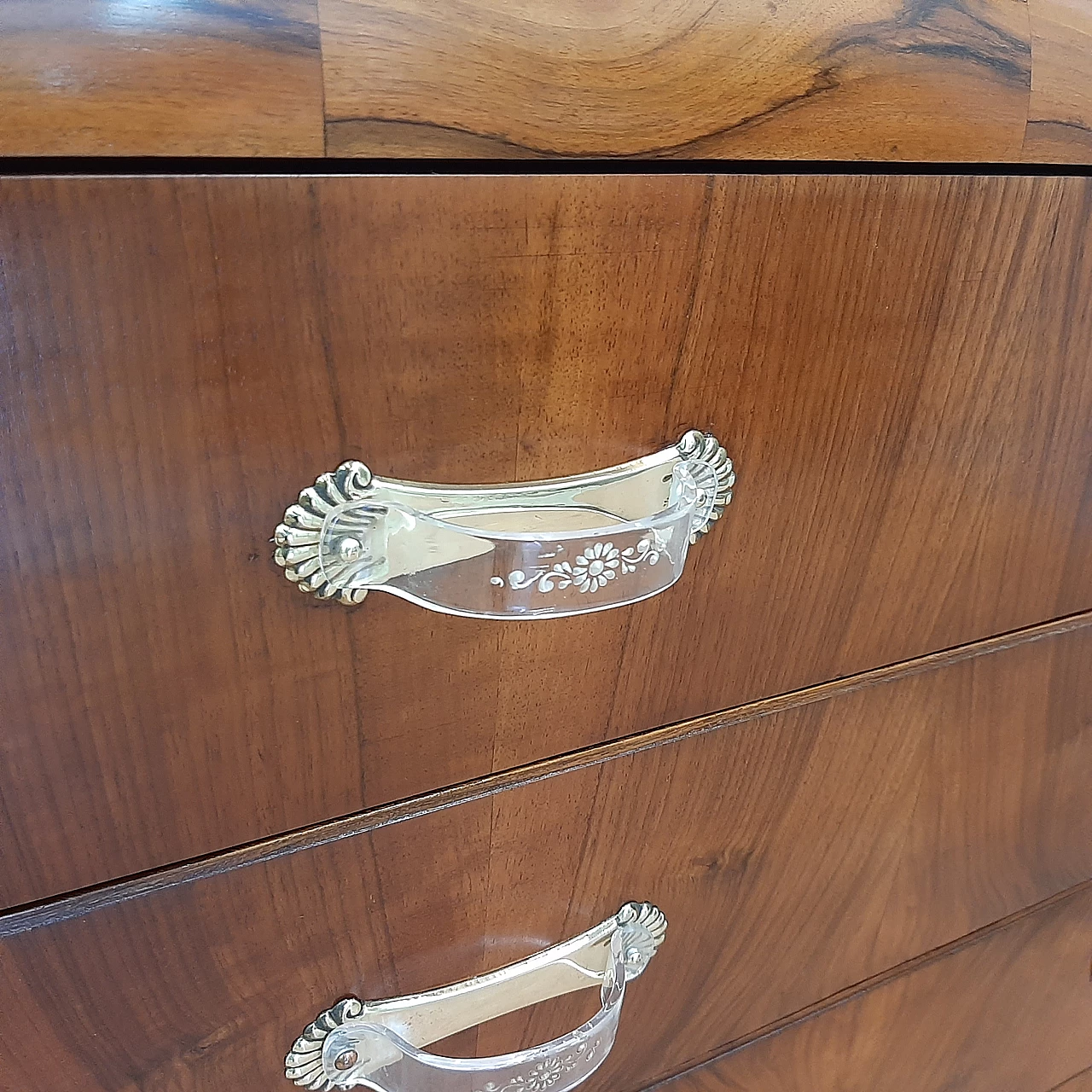 Art Deco walnut dresser with briarwood edges and brass handles, 1930s 3