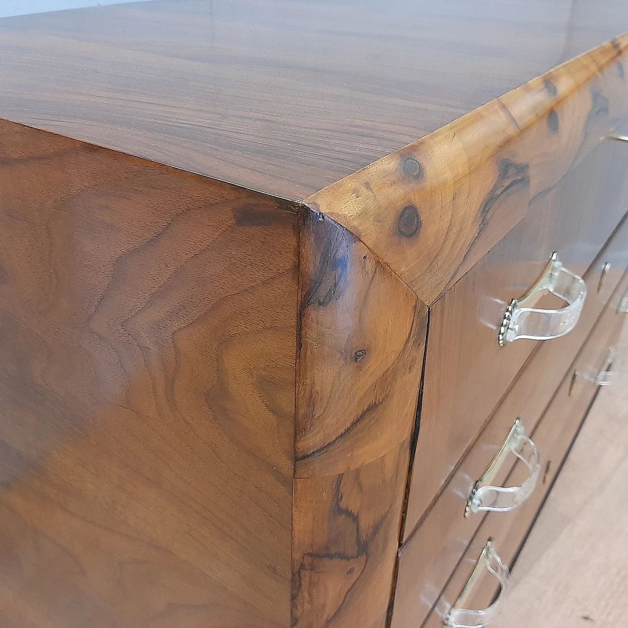 Art Deco walnut dresser with briarwood edges and brass handles, 1930s 8