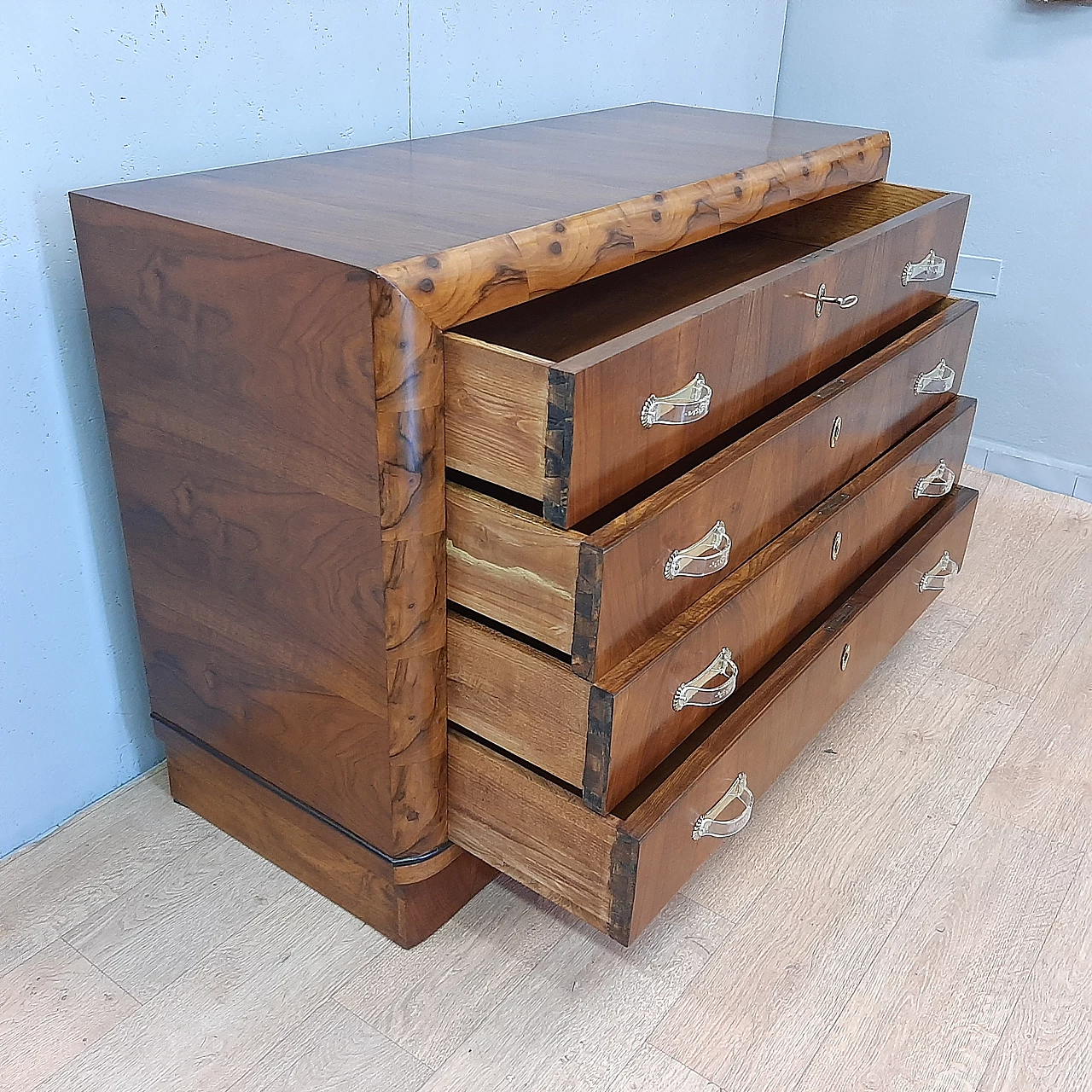 Art Deco walnut dresser with briarwood edges and brass handles, 1930s 9