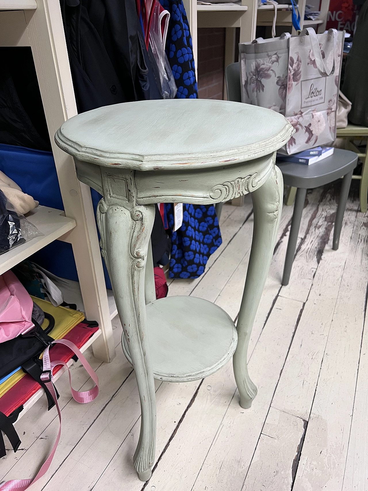 Round green pickled wood coffee table with double shelf, 1990s 1