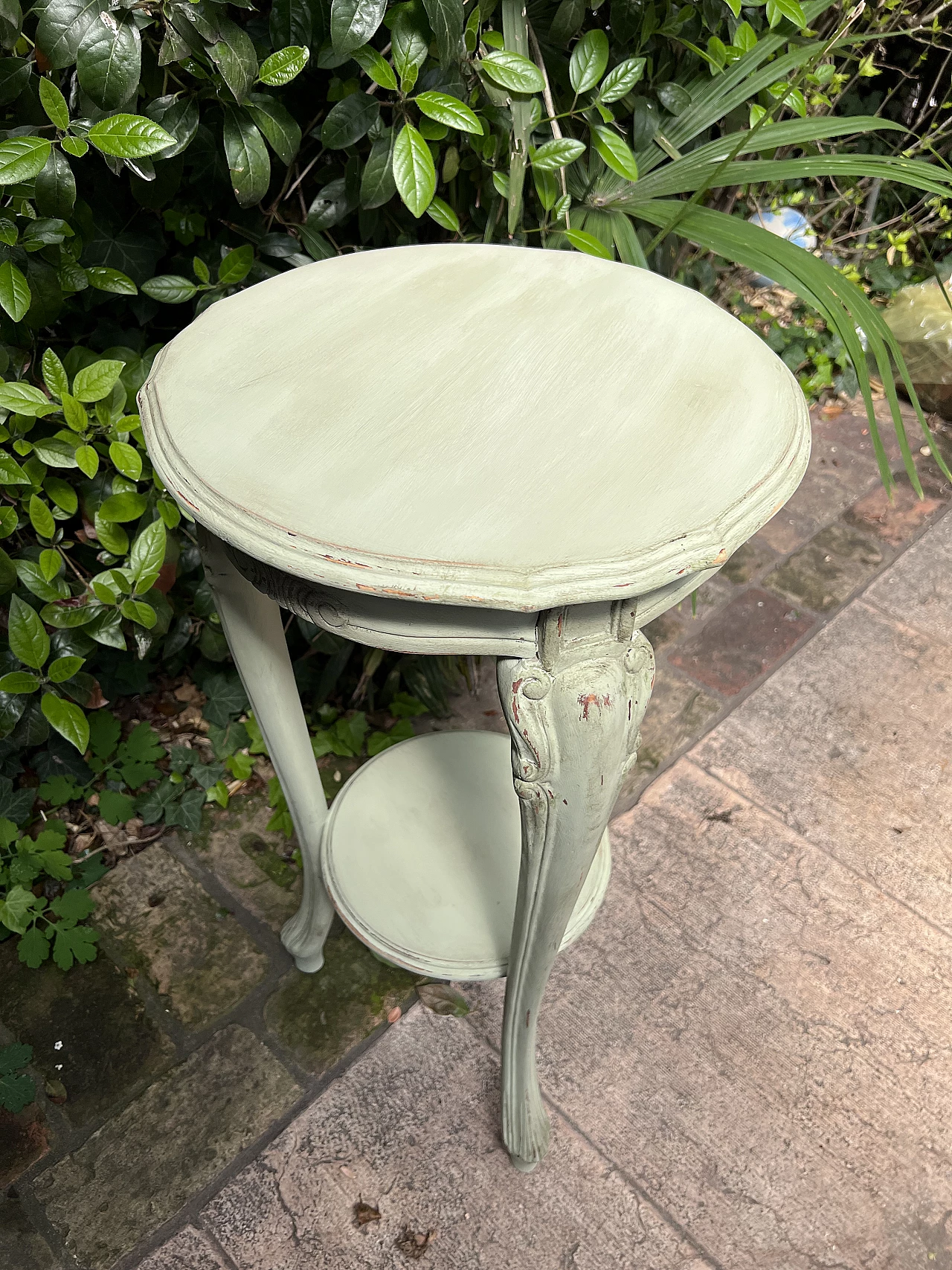 Round green pickled wood coffee table with double shelf, 1990s 3