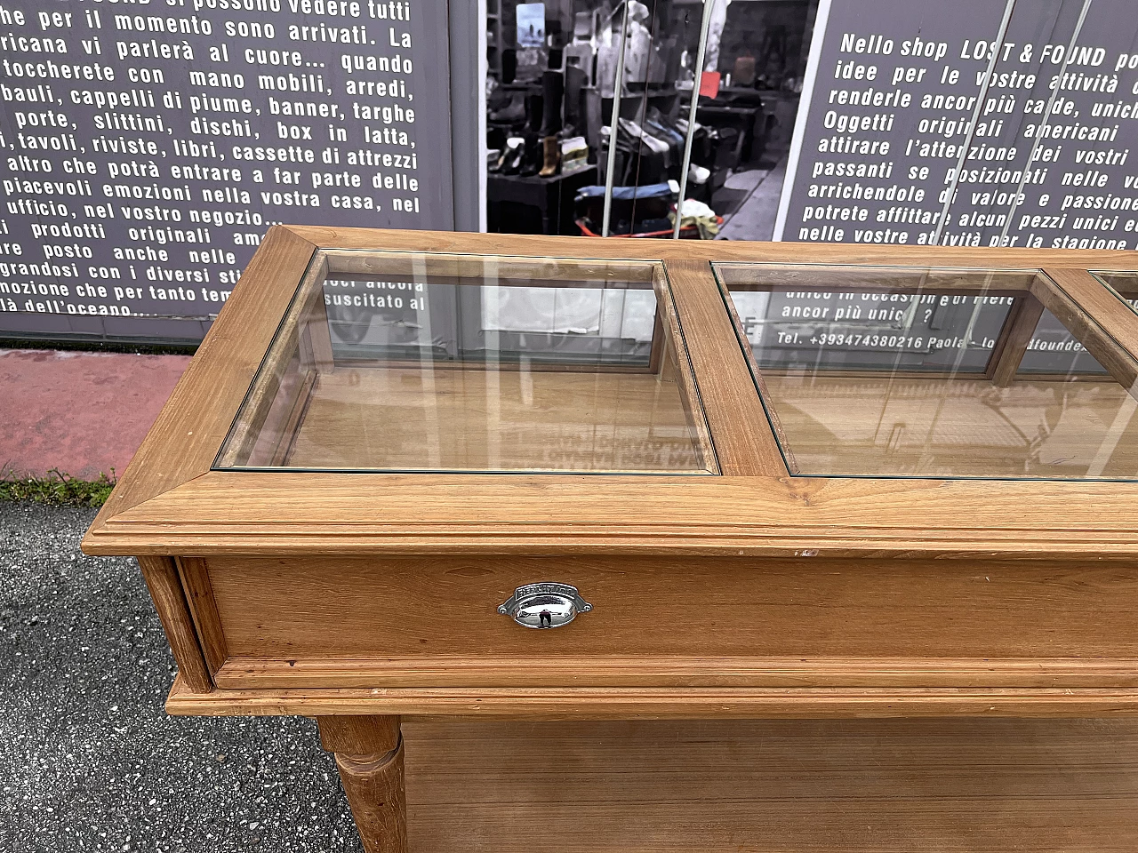 Wood shop counter with glass top and drawer 1