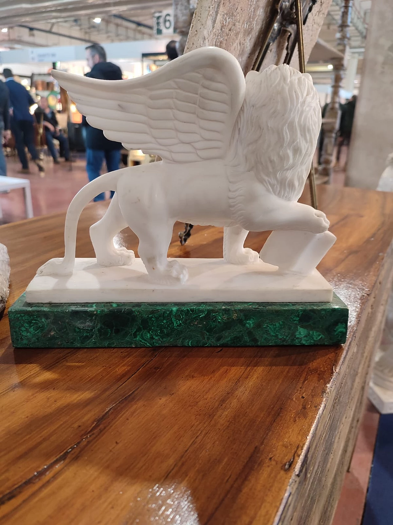 White marble lion sculpture with malachite green marble base, 1960s 3