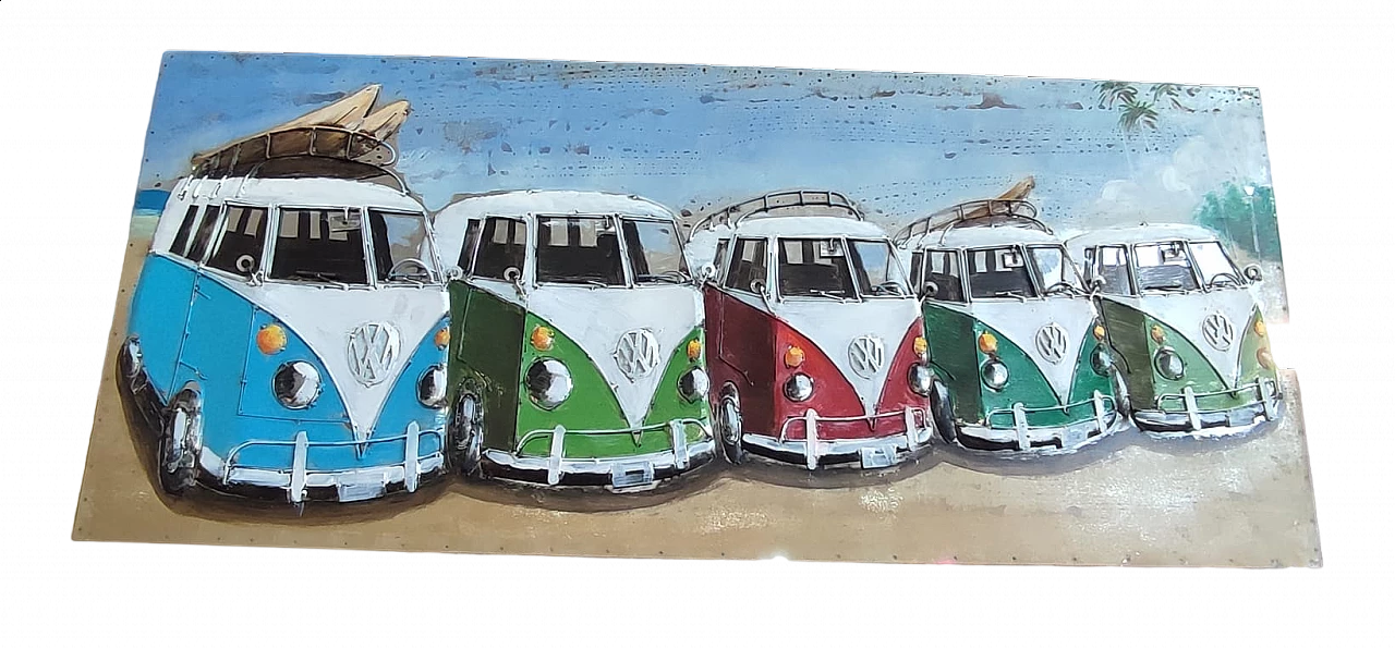 Sheet metal painting of five Volkswagen vans, 1970s 4