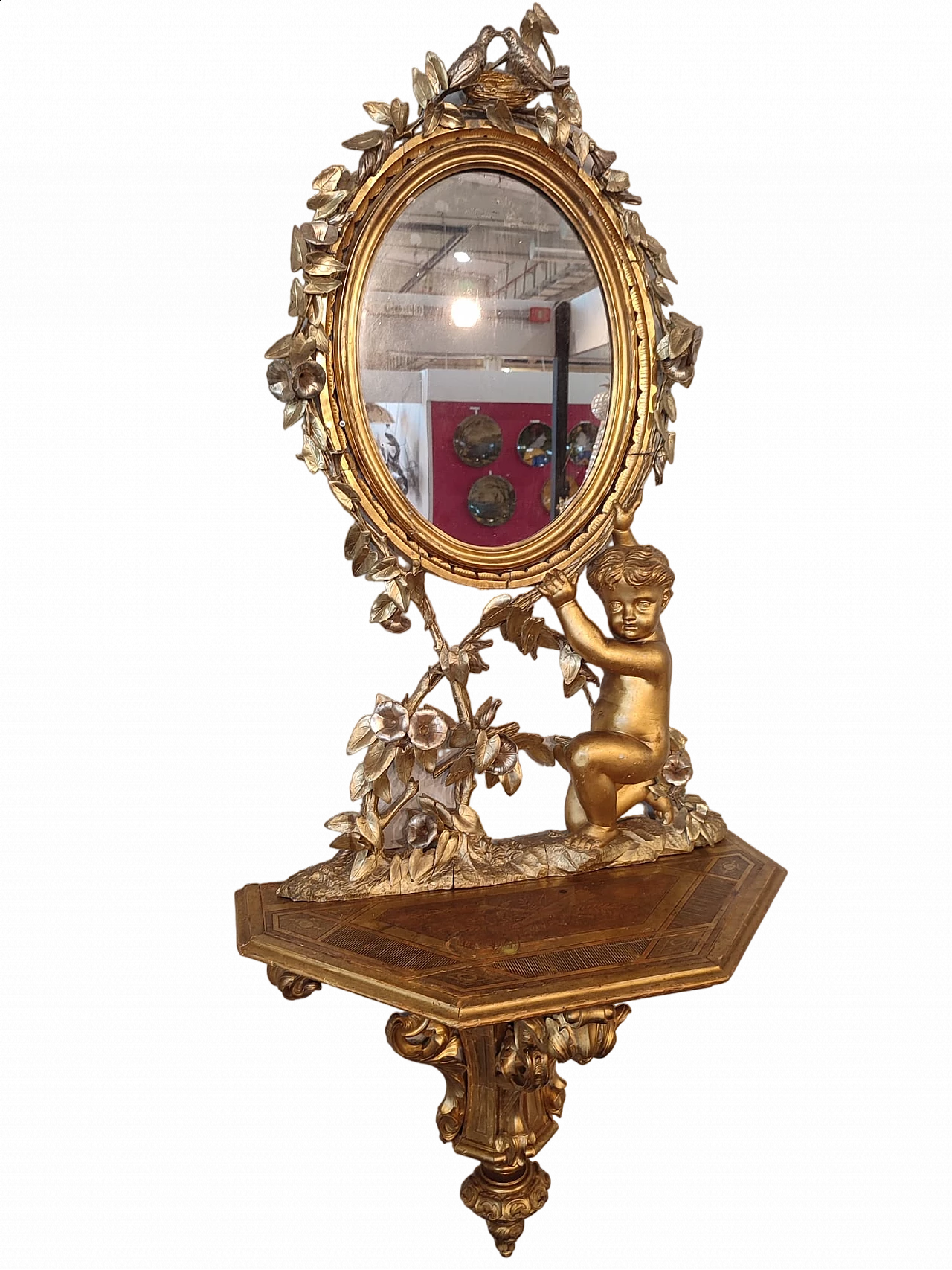 Wooden wall console table with gold leaf mirror, 1881 7