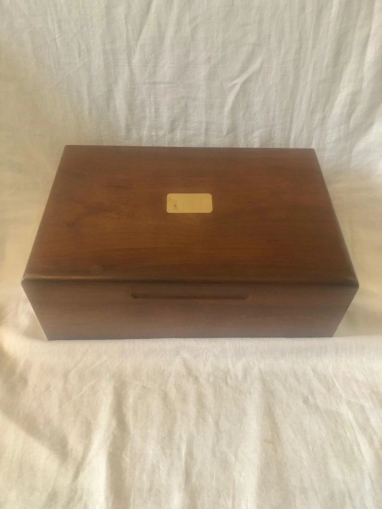 Walnut box with gilded plate, 1950s 2