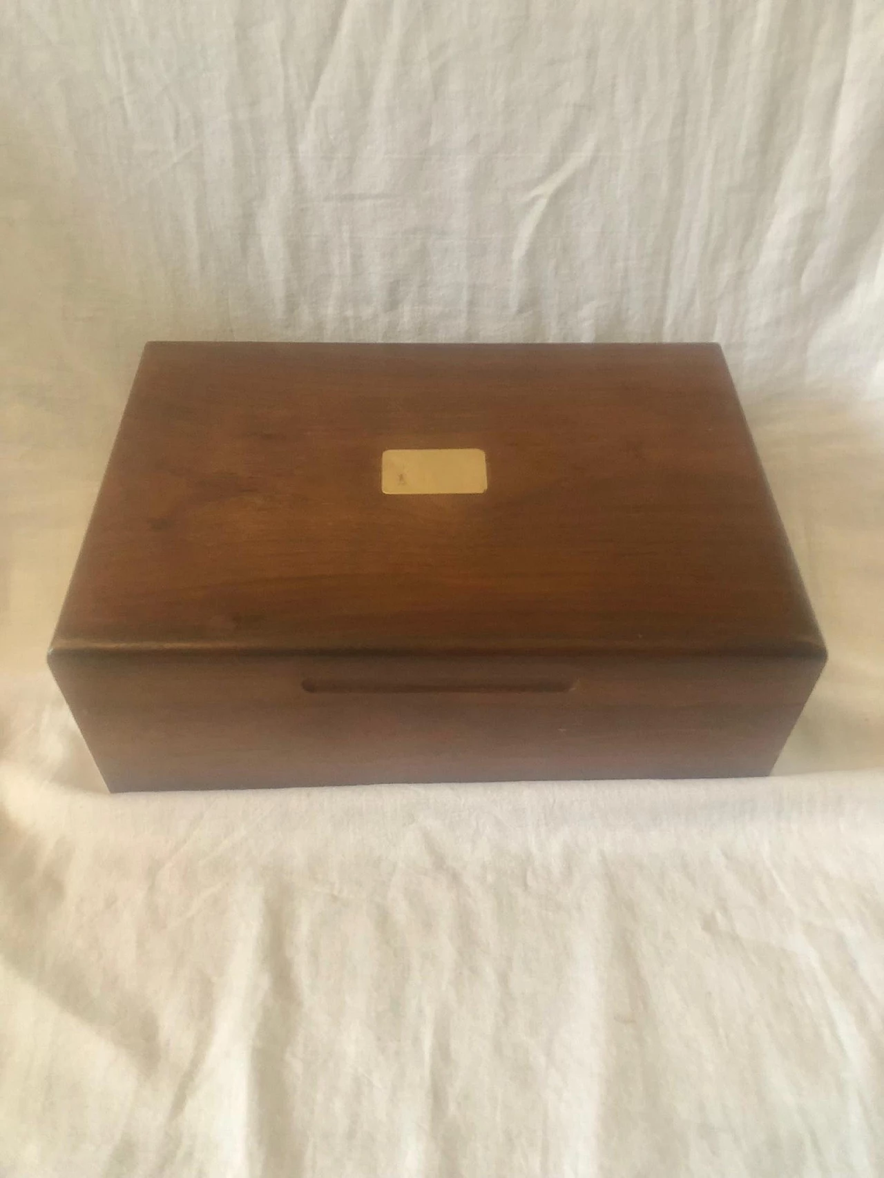 Walnut box with gilded plate, 1950s 9