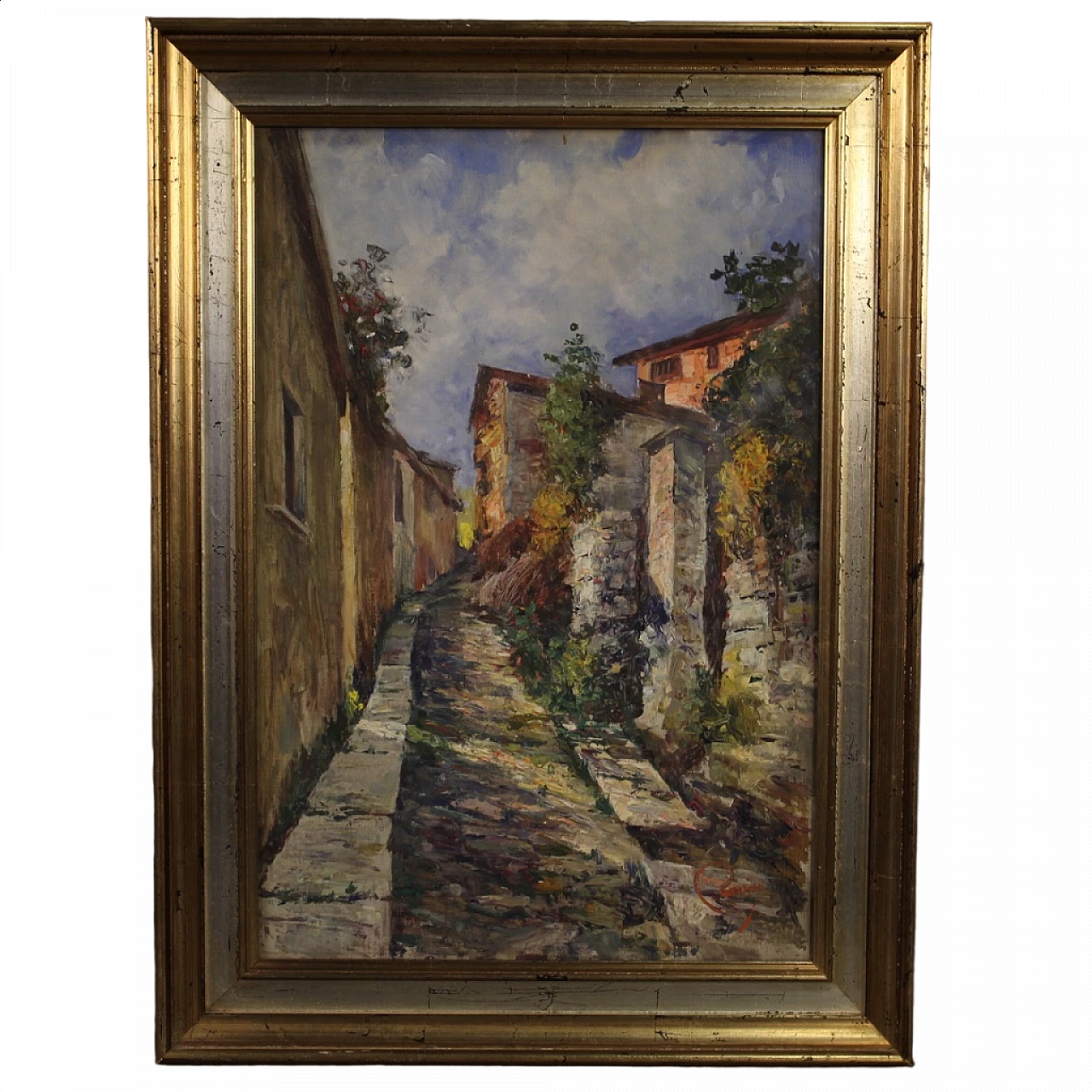 Framed oil authentic painting Village Street