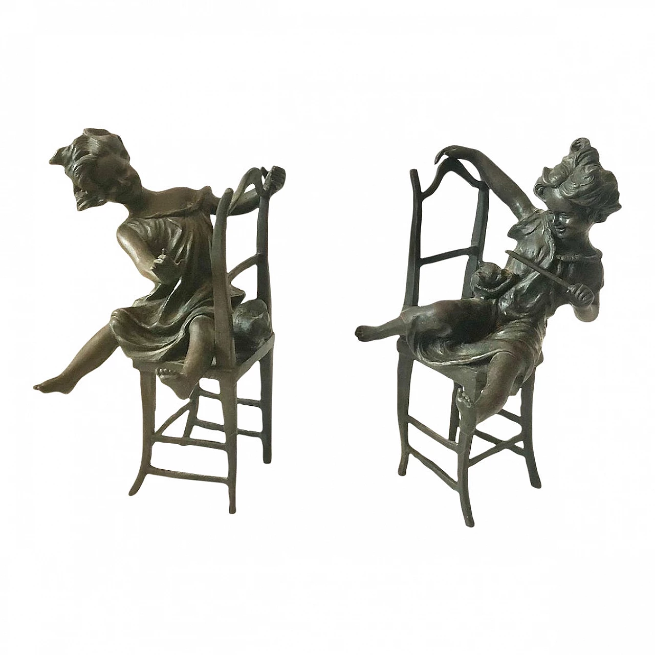 Pair of Art Deco bronze sculptures of girls with cats, 1940s 5