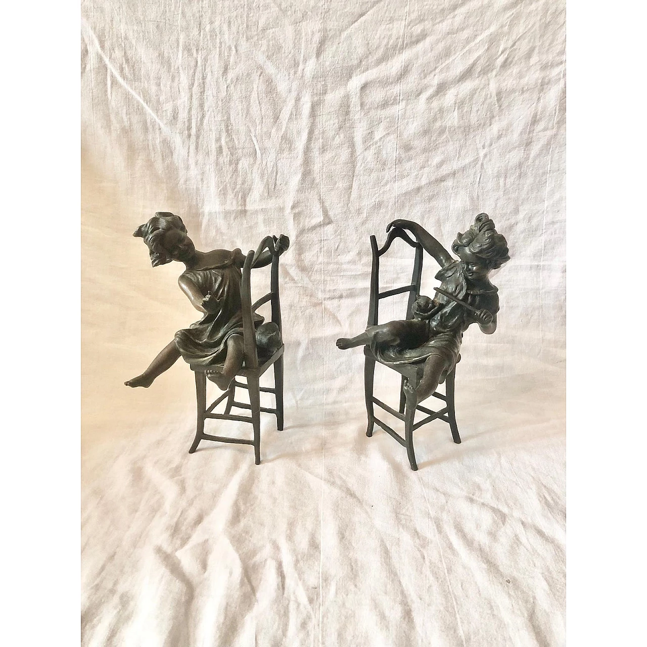 Pair of Art Deco bronze sculptures of girls with cats, 1940s 9