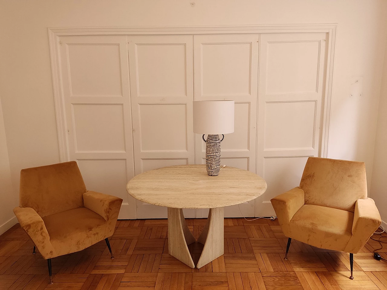 Round travertine table with helicoidal base by Claude Berraldacci, 1990s 1